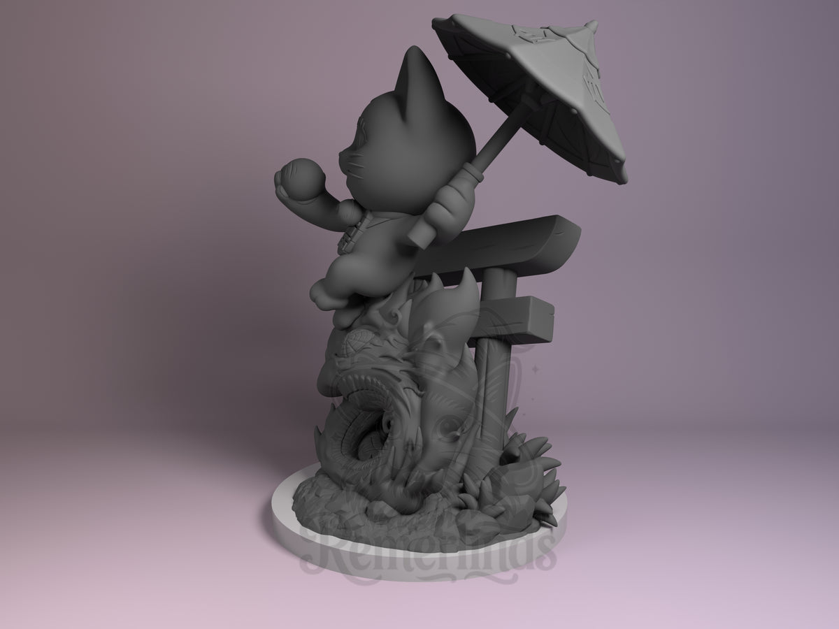 Elderly Speed Cat Mystical Adventures 3D printed resin Chibi figure by Nomnom, angled view showing dimensional details.