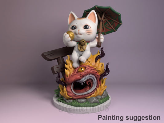 Painted Turbo Granny Cat from Dandadan resin Chibi figure holds a bell and umbrella atop a sculpted demon base.