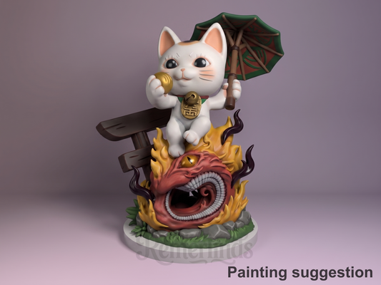 Elderly Speed Cat Mystical Adventures 3D printed resin Chibi figure by Nomnom, colored view.