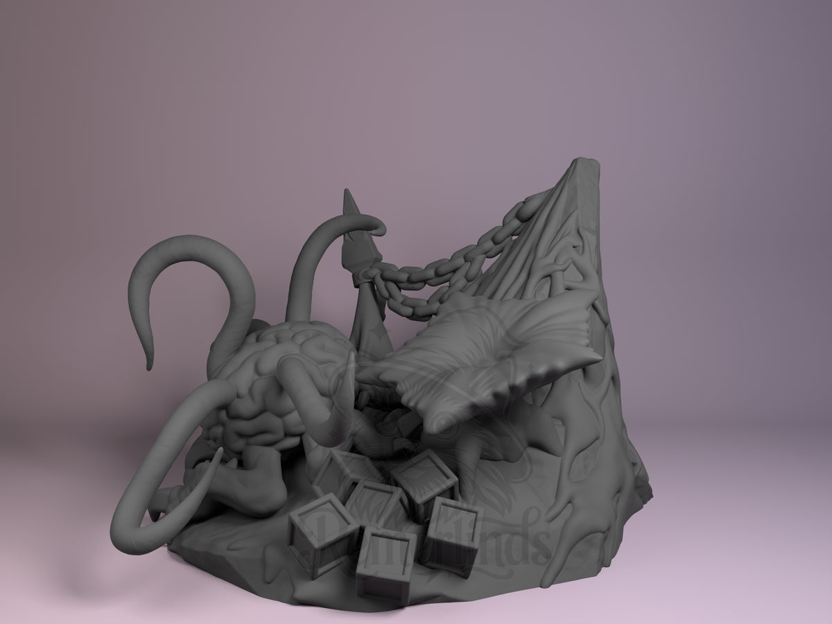 Gray unpainted resin Chibi figure of Us from Baldur's Gate shown at angle, depicting demon character with tentacles, ornate base, and scattered cube elements.