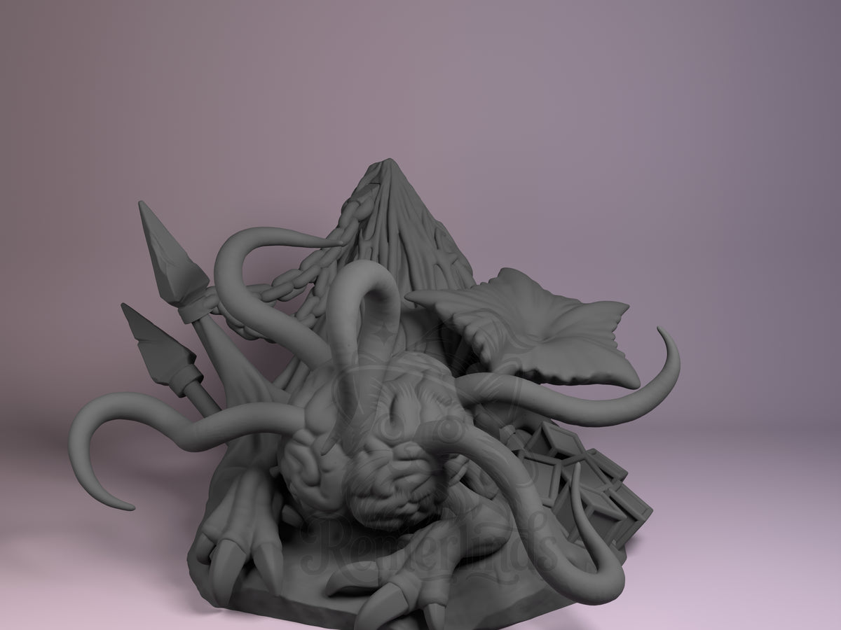 Gray resin Chibi figure of a tentacled creature from Baldur's Gate, front view, unpainted with detailed sculpting and dynamic pose on base.