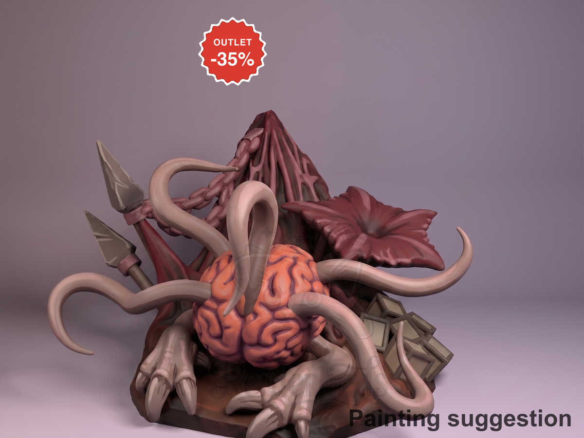 Mind Flayer resin Chibi figure from Baldur's Gate, front three-quarter view with painted orange brain and tentacles, holding spear and shield on rocky base.