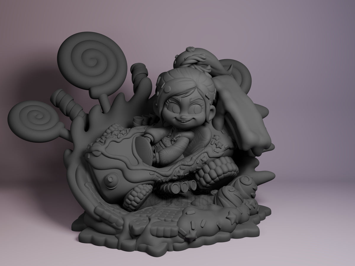 Sugar Racer from Destruction Hero is an unpainted resin Chibi figure seated in a candy car on a sculpted base.