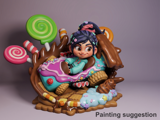 Sugar Racer Destruction Hero 3D printed resin Chibi figure by Nomnom, colored view.