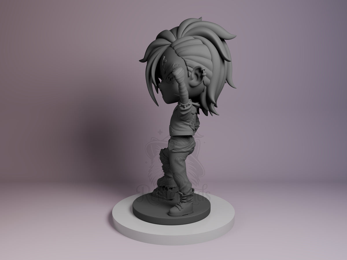Vi from Arcane resin Chibi figure shown at angle, displaying her distinctive hair, upper body, and legs on white base, unpainted gray prototype.