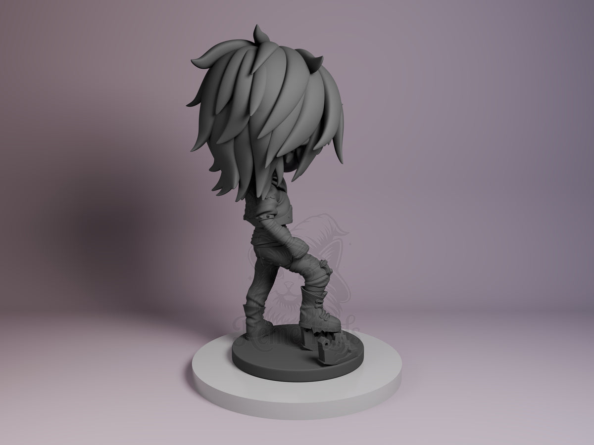 Vi from Arcane resin Chibi figure shown from behind, displaying layered hair details, wrapped arm gear, and dynamic standing pose on white base.