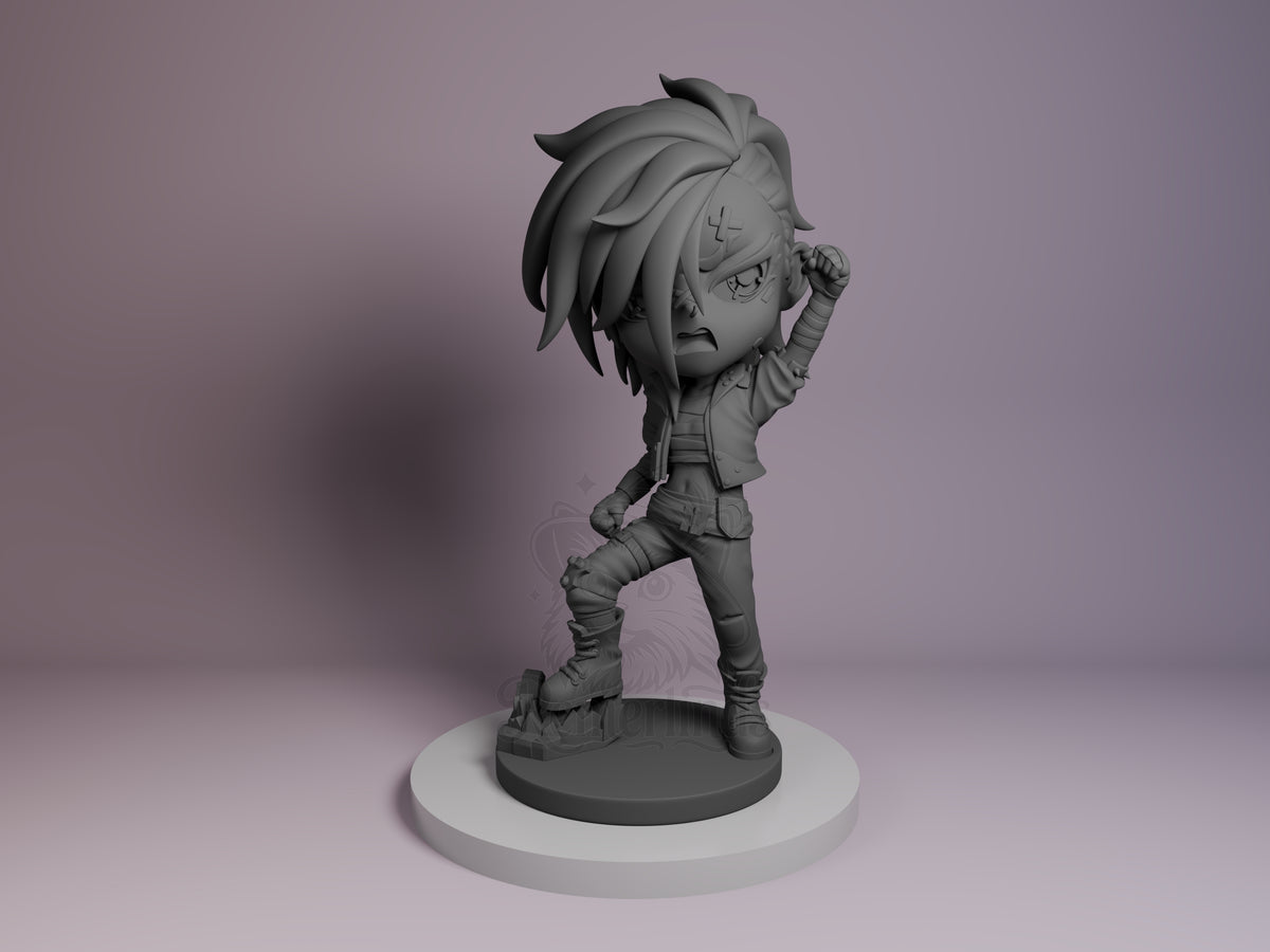 Vi from Arcane as an unpainted gray resin Chibi figure, posed mid-punch with fist raised, displayed front-facing on a white circular base.