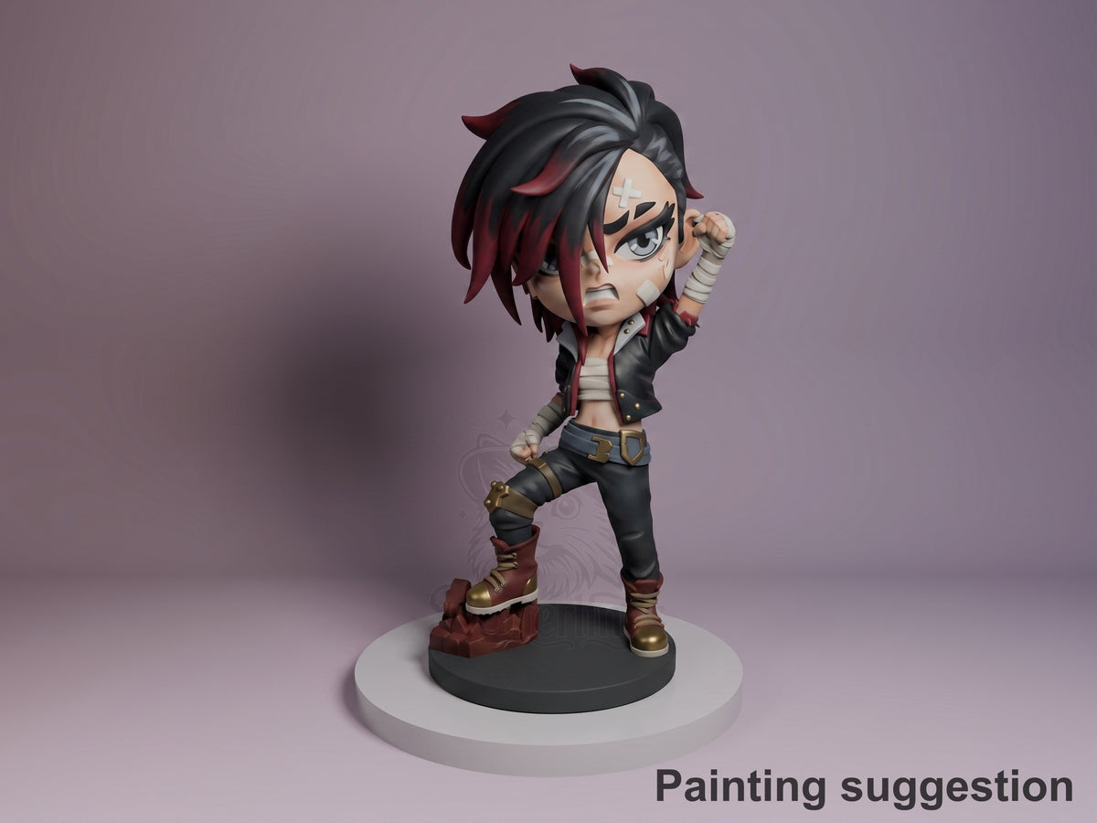Vi from Arcane resin Chibi figure painted in black, red, and gold, standing on circular base with fist raised, purple background.