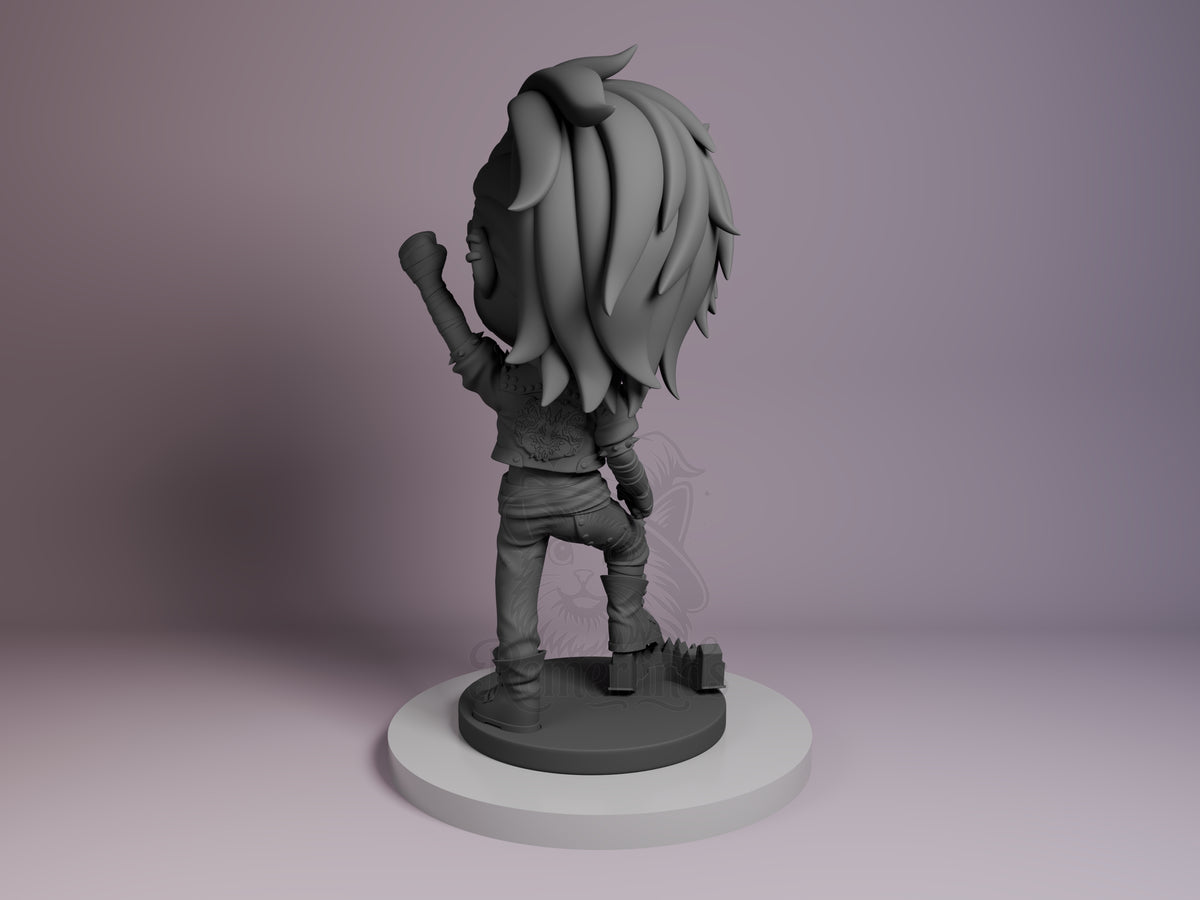 Vi from Arcane resin Chibi figure shown from back-left angle, unpainted gray resin, fists raised in fighting pose, standing on white circular base.