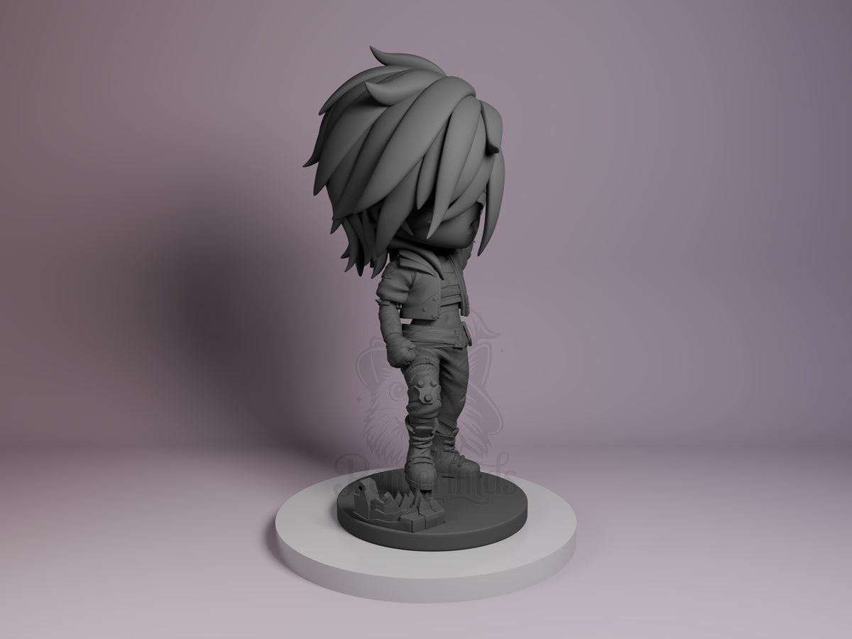 Vi from Arcane resin Chibi figure shown from right side, unpainted gray finish, spiky hair and tactical outfit visible, mounted on white circular base.