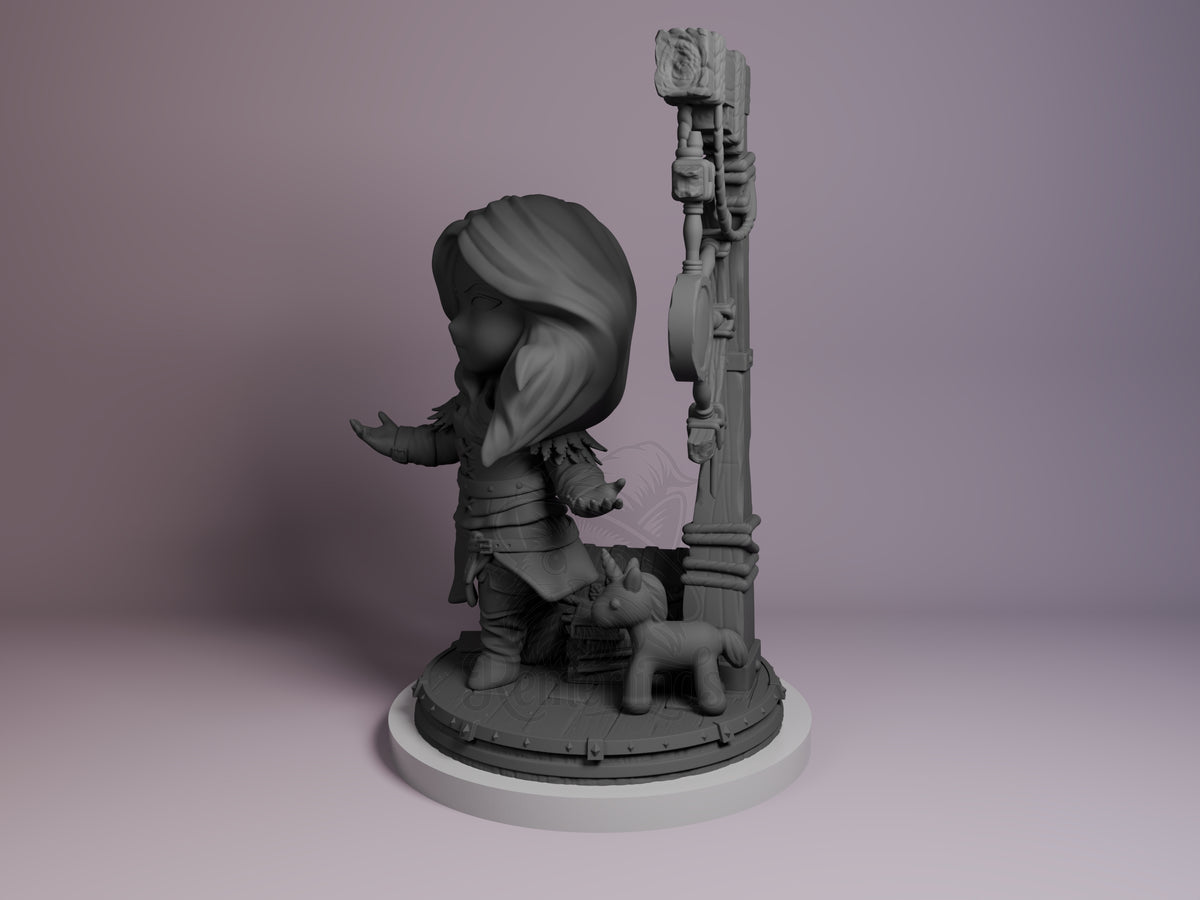 female sorceress Monster Hunter Geraldo 3D printed resin Chibi figure by Nomnom, angled view showing dimensional details.