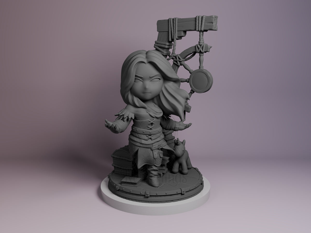 female sorceress Monster Hunter Geraldo 3D printed resin Chibi figure by Nomnom, unpainted front view. The chibi figure of female sorceress Yennefer is portrayed standing confidently with a commanding pose, arms extended as if casting a spell. The miniature includes several props like books, a cat companion, and mystical hanging objects framed by ropes. Detailed clothing, textured hair, and a themed base create a rich scene evoking her magical nature in a stylized chibi design.