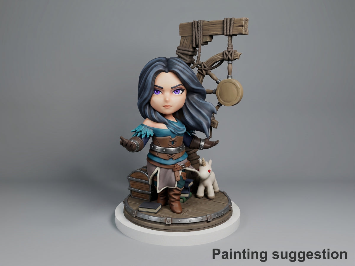 Painted Yennefer from The Witcher resin Chibi figure faces forward with arms out on a sculpted base.