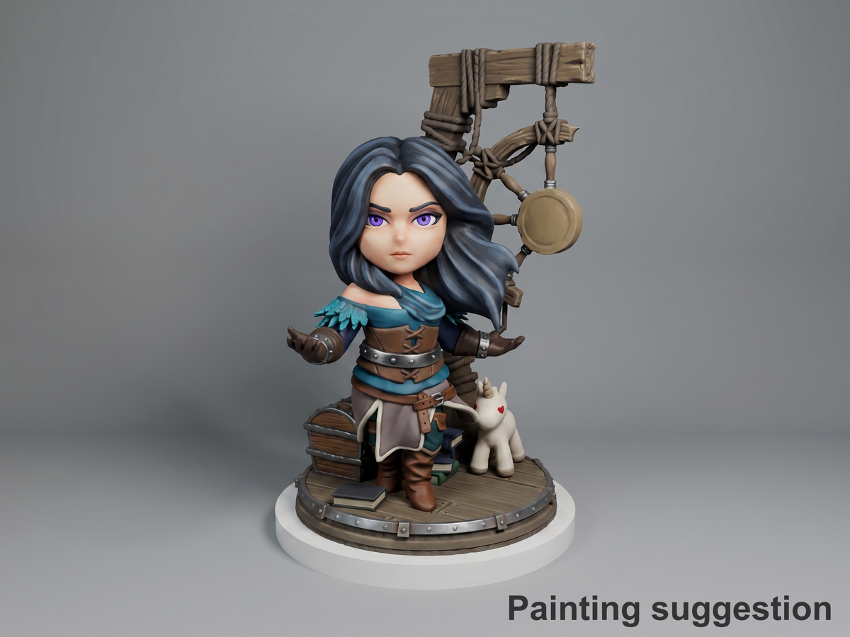female sorceress Monster Hunter Geraldo 3D printed resin Chibi figure by Nomnom, colored view.