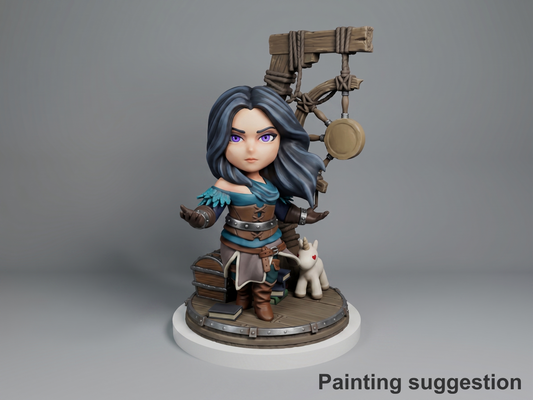 female sorceress Monster Hunter Geraldo 3D printed resin Chibi figure by Nomnom, colored view.