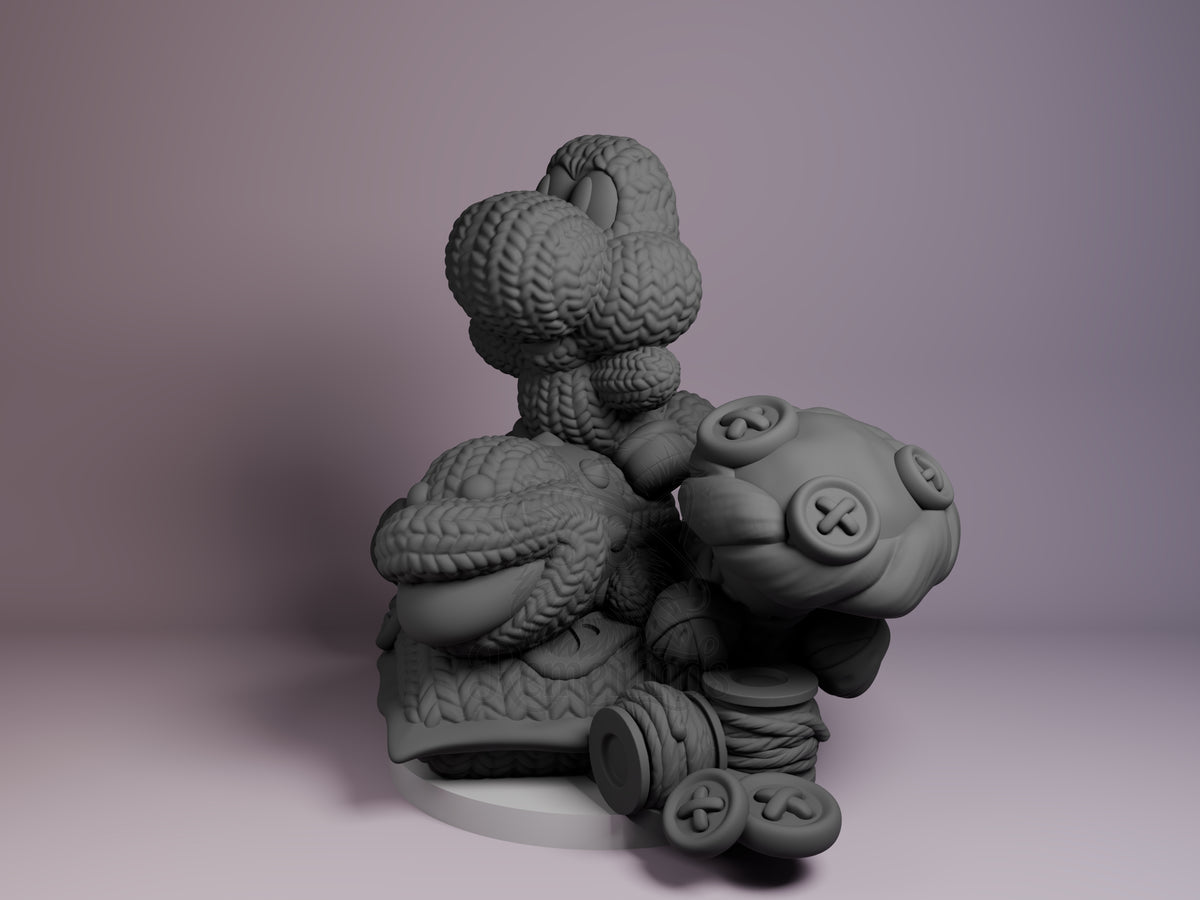 Yarn Dino Woolly Realm 3D printed resin figure by Nomnom, angled view showing dimensional details.