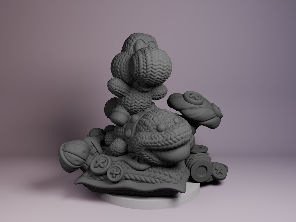 Yarn Dino from Woolly Realm is a front-facing, unpainted resin Chibi figure on a sculpted yarn-and-button base.