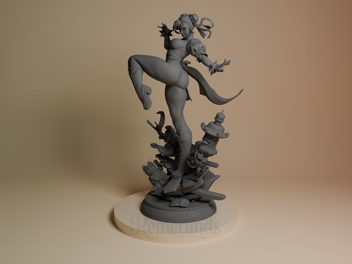 Chun-Li resin figure in dynamic flying kick pose, unpainted gray with detailed base featuring smaller characters, viewed from front-right angle.