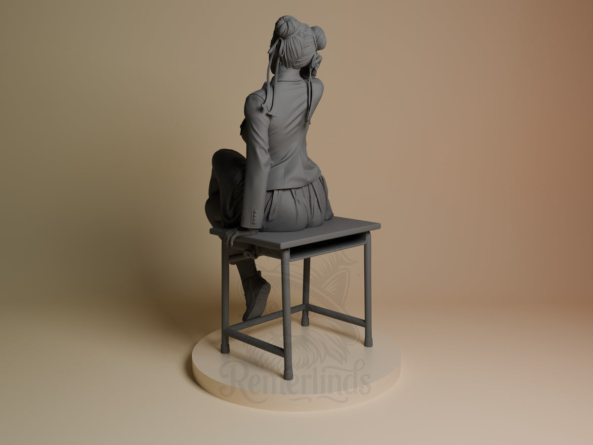 Chun-Li resin figure from Street Fighter shown from behind, kneeling on a chair with hand to head, unpainted gray finish on wood-grain base.
