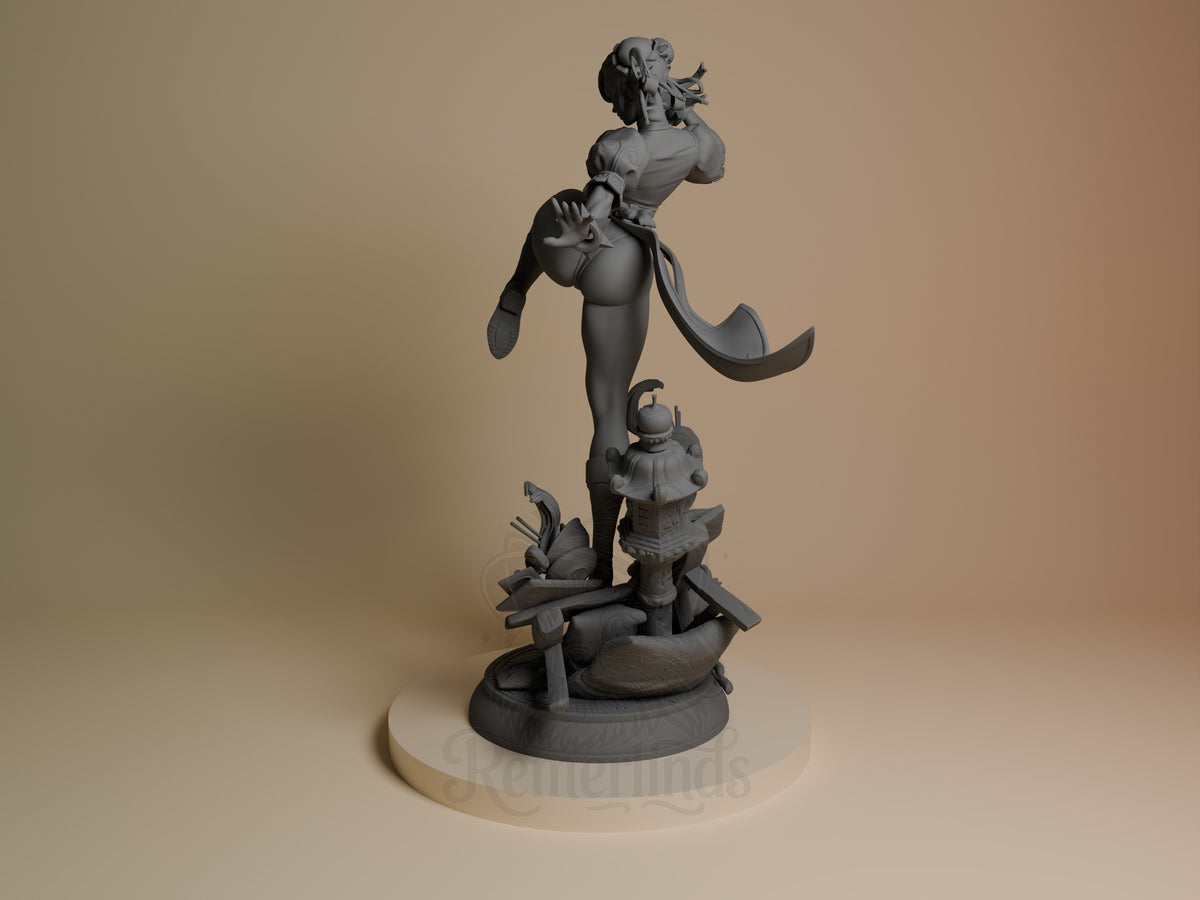 Chun-Li resin figure from Street Fighter shown from left angle, unpainted gray, dynamic flying pose with flowing hair and dress, small character detail on ornate base.