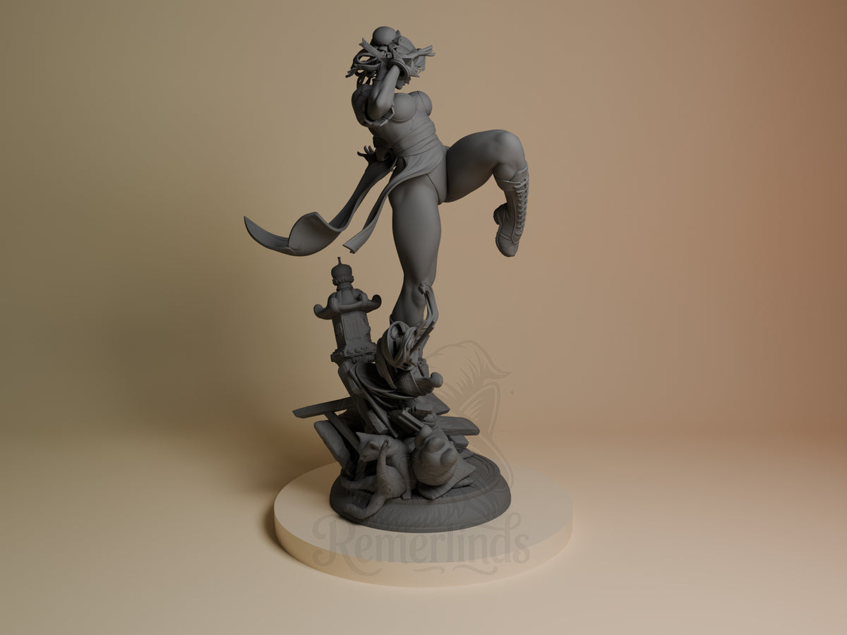 Chun-Li resin figure in dynamic kicking pose on ornate base, shown from right side angle, unpainted gray detail.