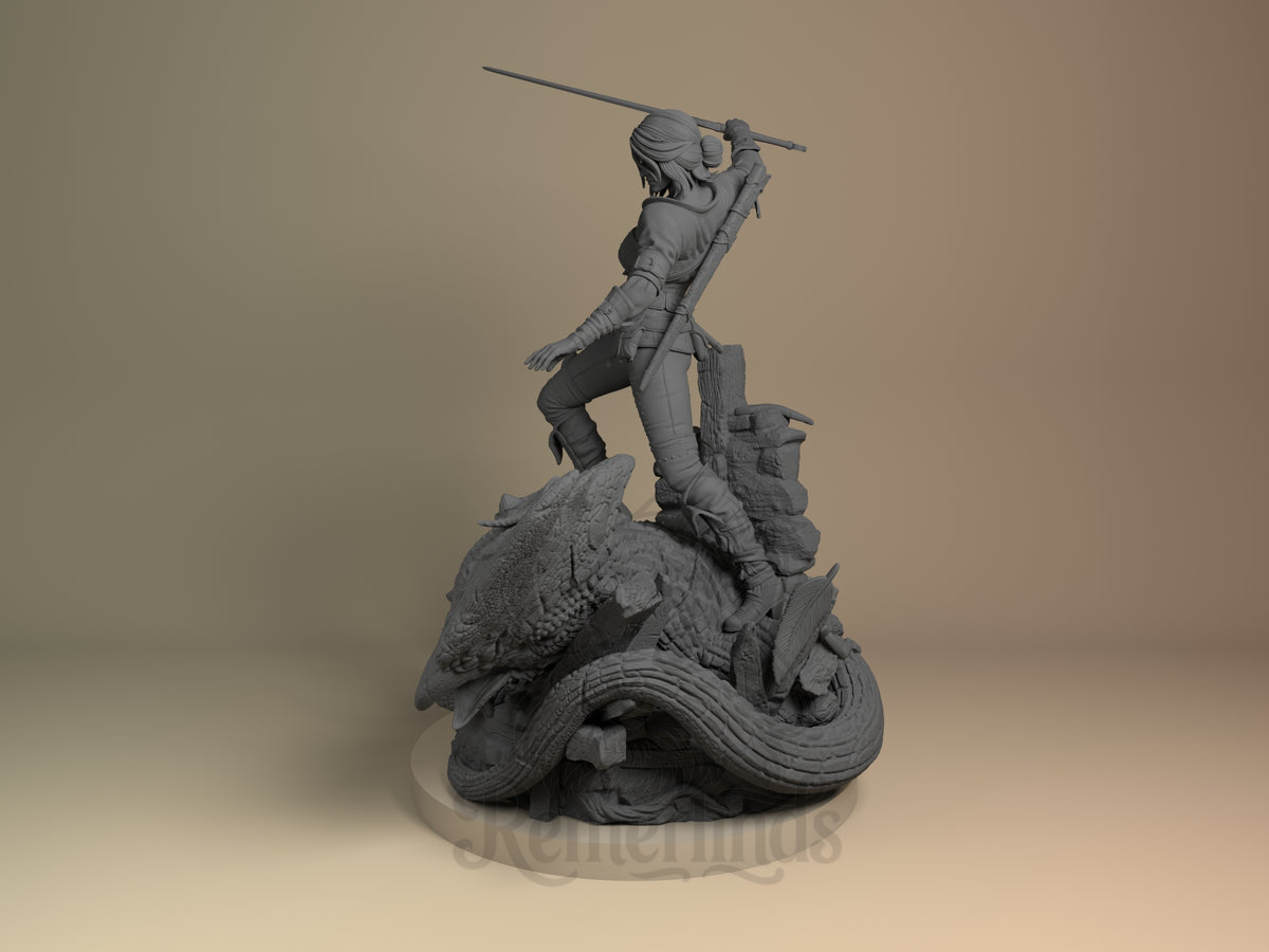 Ciri from The Witcher is an unpainted resin figure shown from the side on a creature base.