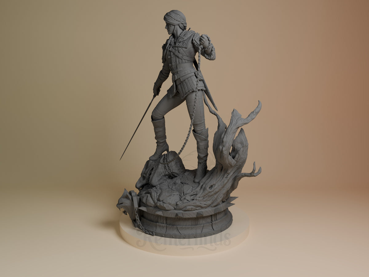 Ciri resin figure from The Witcher in unpainted gray, posed dynamically on a branching base with sword raised, shown from an angled side view.