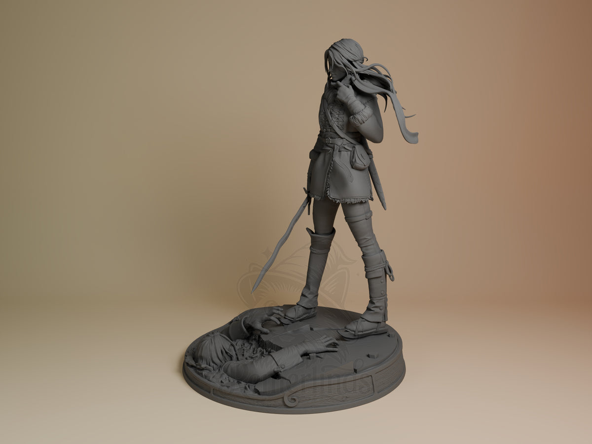 Ciri from The Witcher is an unpainted resin figure in an angled standing pose on a sculpted base.