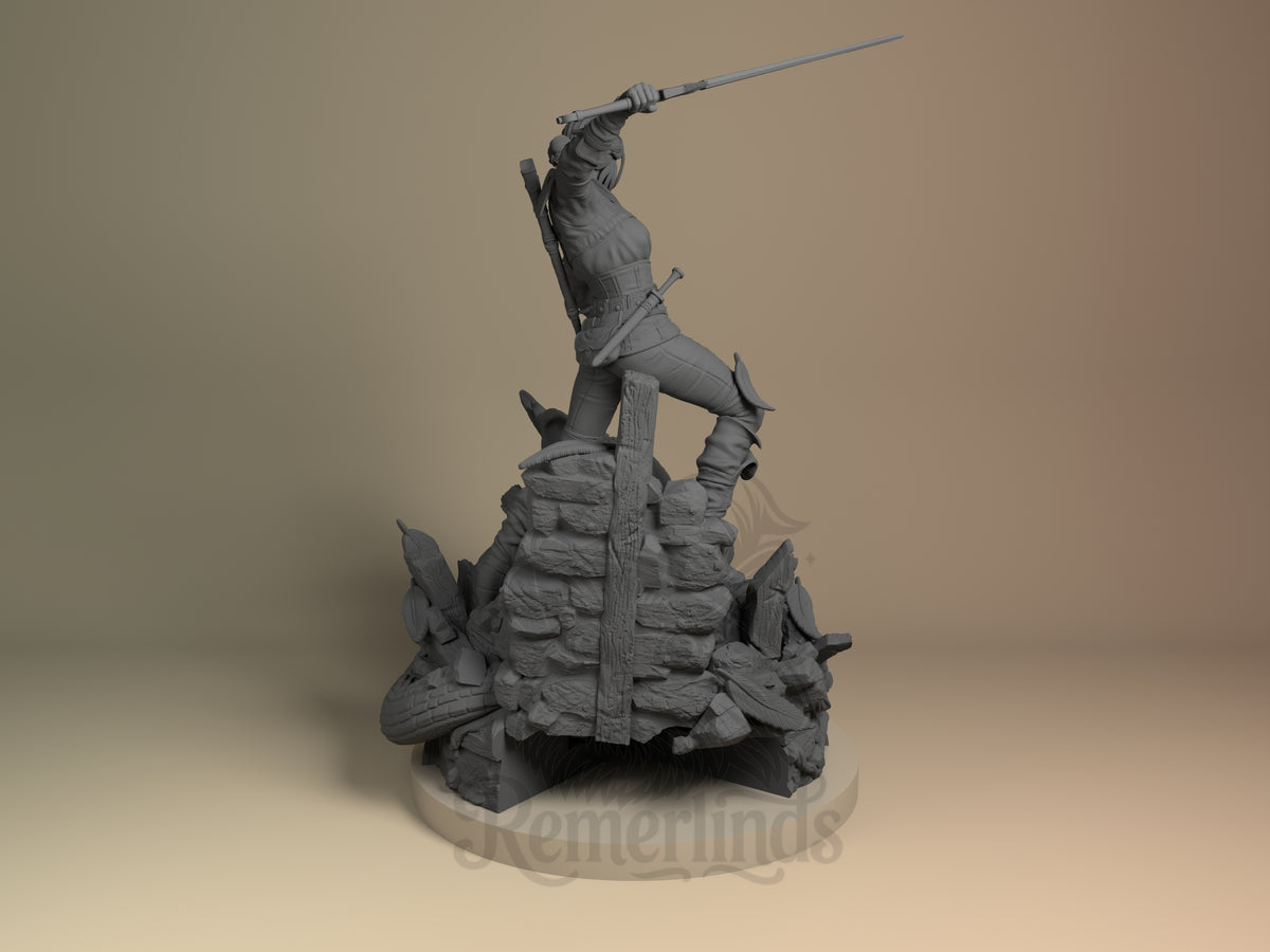 Ciri from The Witcher, viewed from behind, is an unpainted resin figure with sword on a rocky base.
