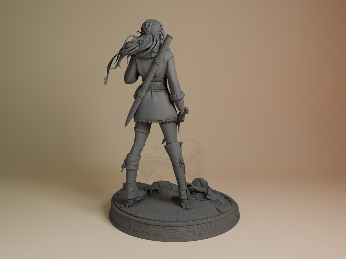 Back view shows Ciri from The Witcher, an unpainted resin figure with weapons and sculpted base.