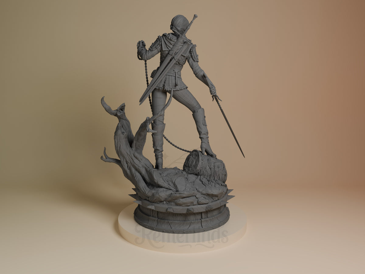 Ciri resin figure from The Witcher shown from back angle, standing on rocky base with dual swords, unpainted gray resin.