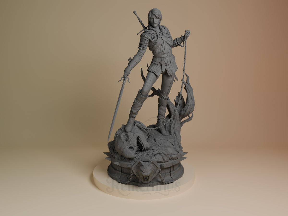Ciri resin figure from The Witcher, unpainted gray, posed standing on monster base with sword and staff, front view.