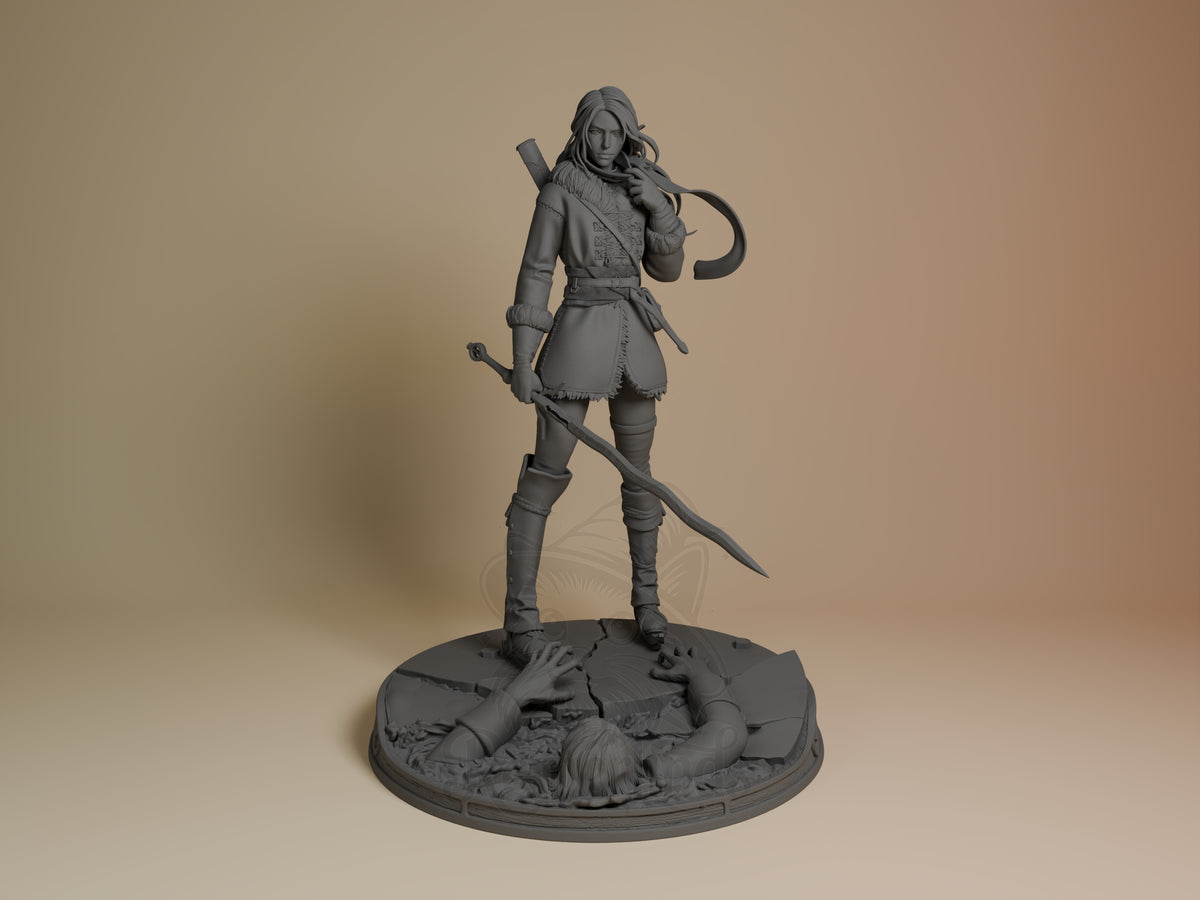 Front-facing Ciri from The Witcher stands armed on a sculpted base as an unpainted resin figure.