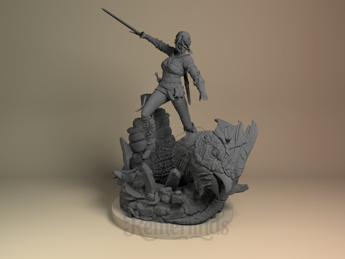 Front-view unpainted Ciri from The Witcher is a resin figure with sword on a sculpted base.