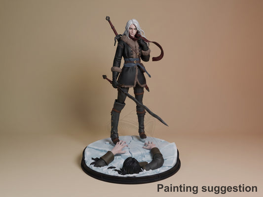 Ciri resin figure painted in dynamic pose with sword, standing on snowy base with fallen opponent, tan background.