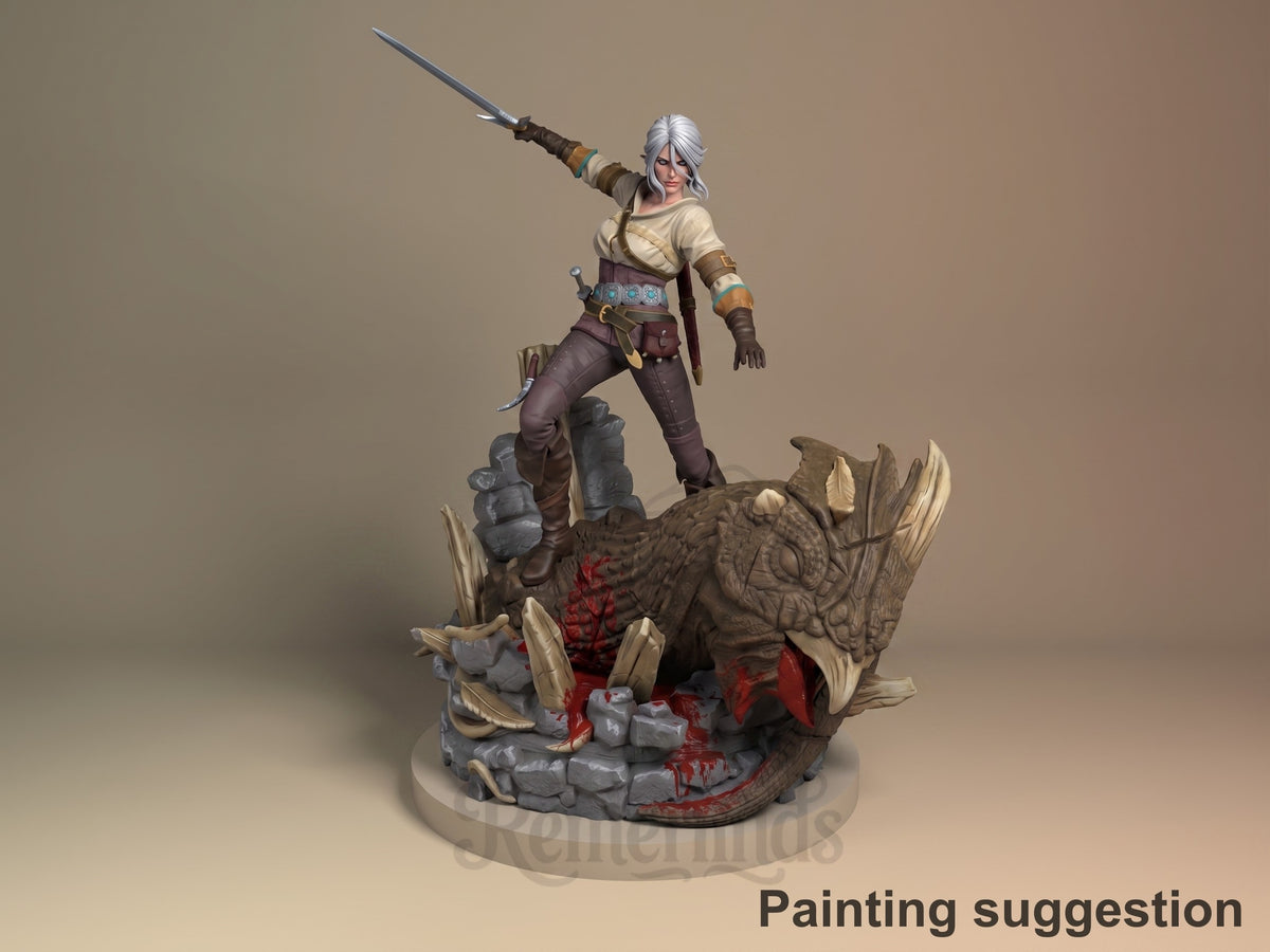 Painted Ciri from The Witcher resin figure poses with sword raised on a sculpted monster base.