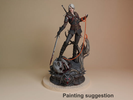 Ciri resin figure standing on monster base, holding sword and rope, white hair, brown armor, painted in dark tones with red accents.