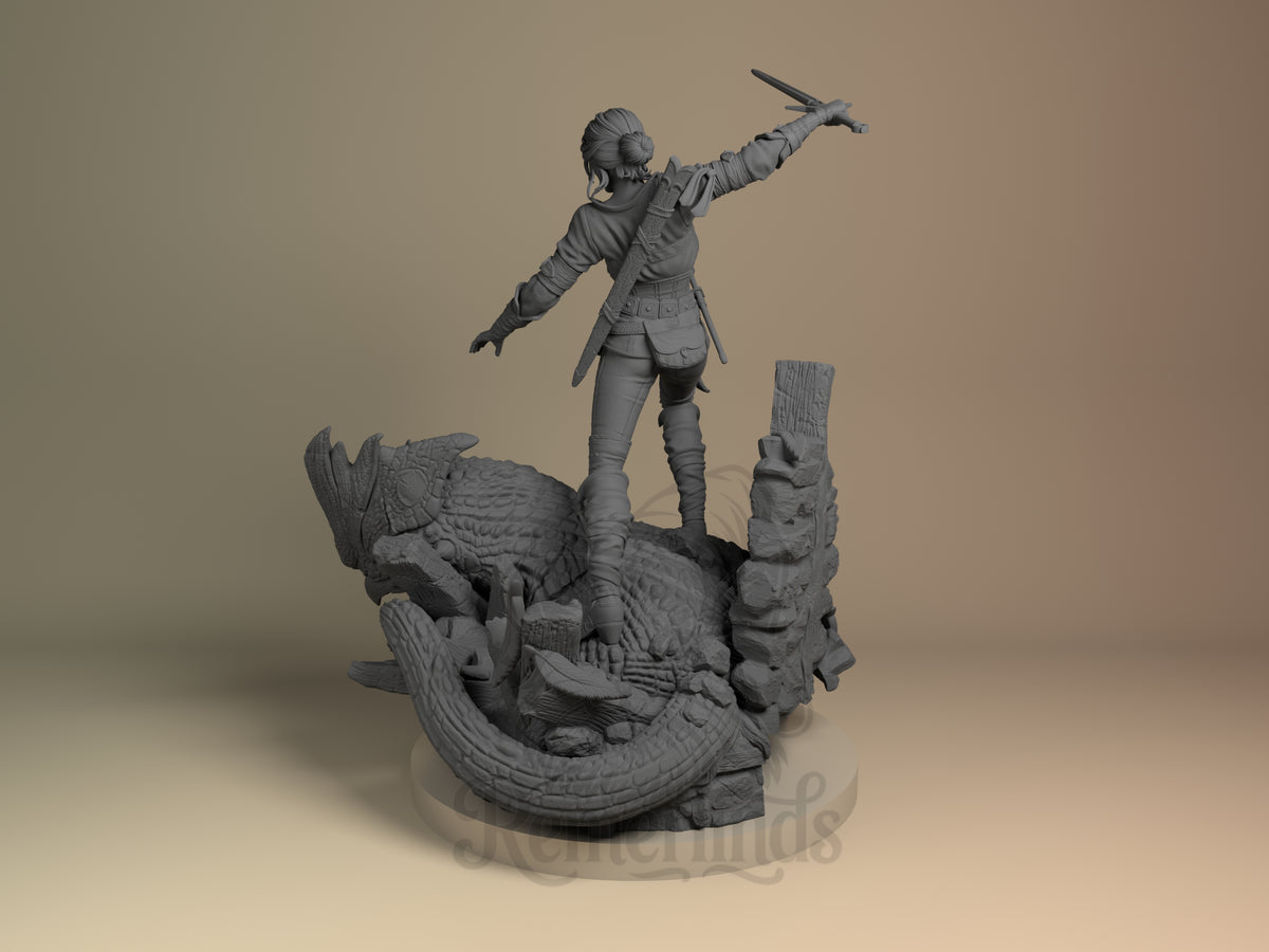 Ciri from The Witcher stands on a sculpted monster base with sword raised, unpainted resin figure.