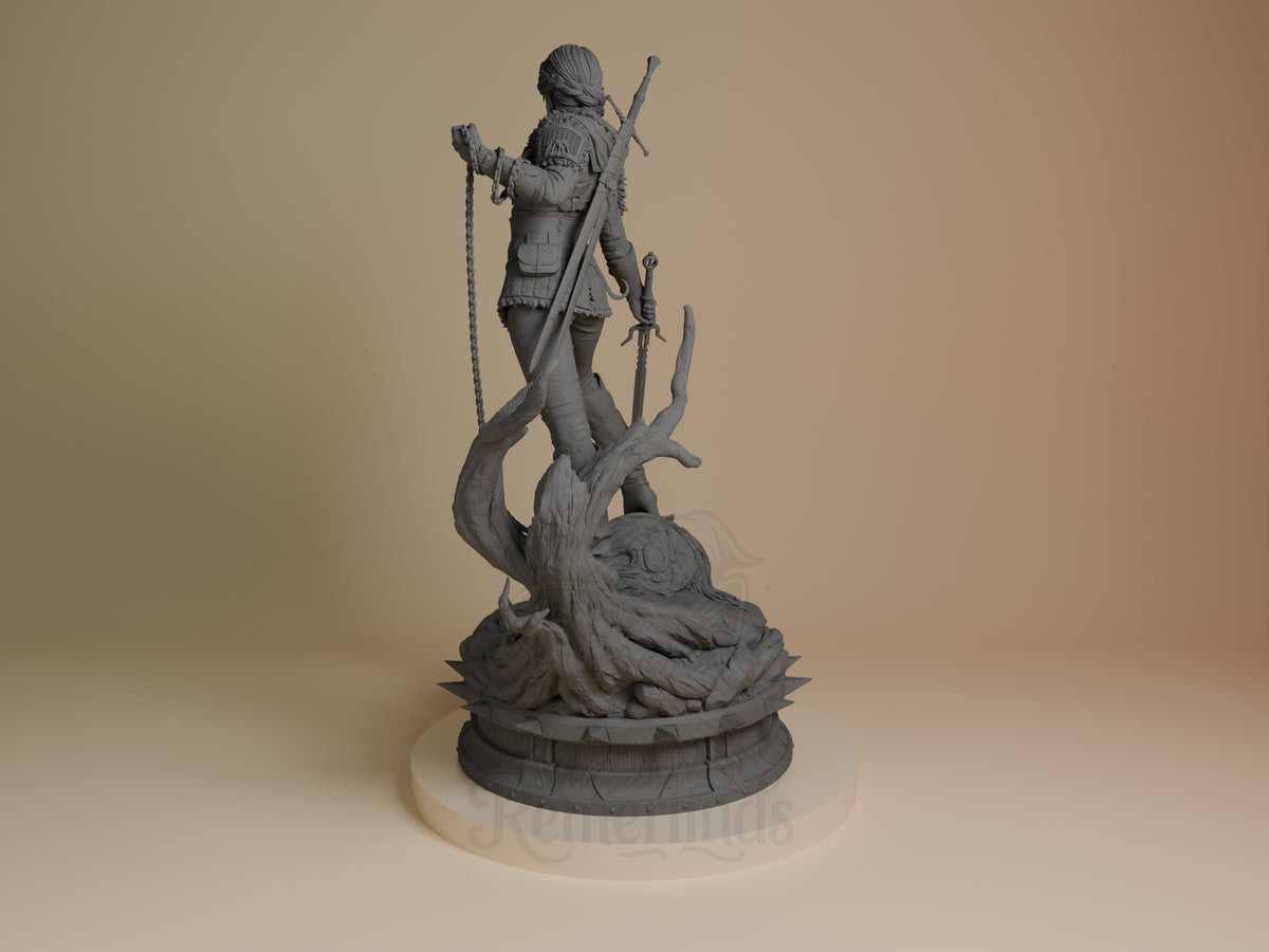 Ciri resin figure from The Witcher shown from left side, standing on gnarled base with sword, unpainted gray finish.