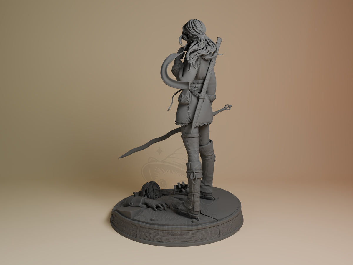 Ciri from The Witcher resin figure stands unpainted, rearward with sword on a sculpted base.
