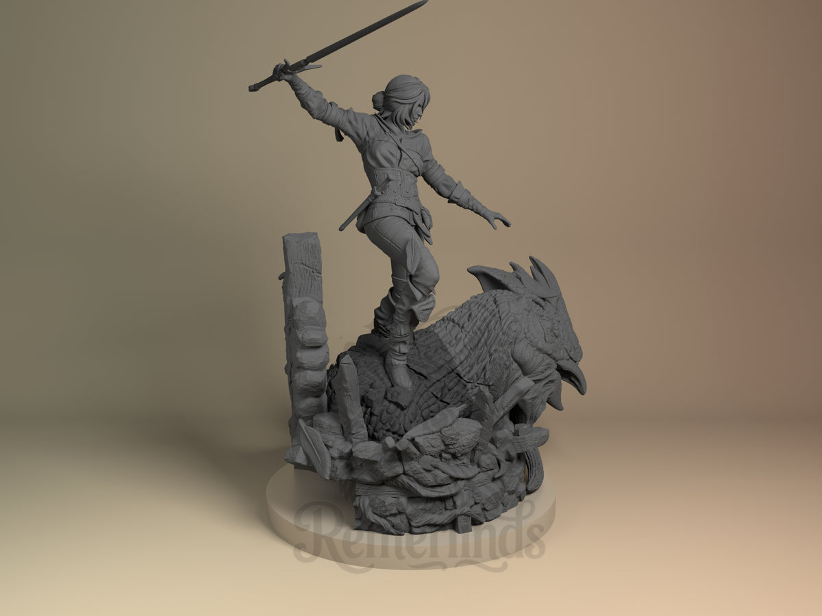 Ciri from The Witcher is an unpainted resin figure shown from behind, raising a sword over a monster base.