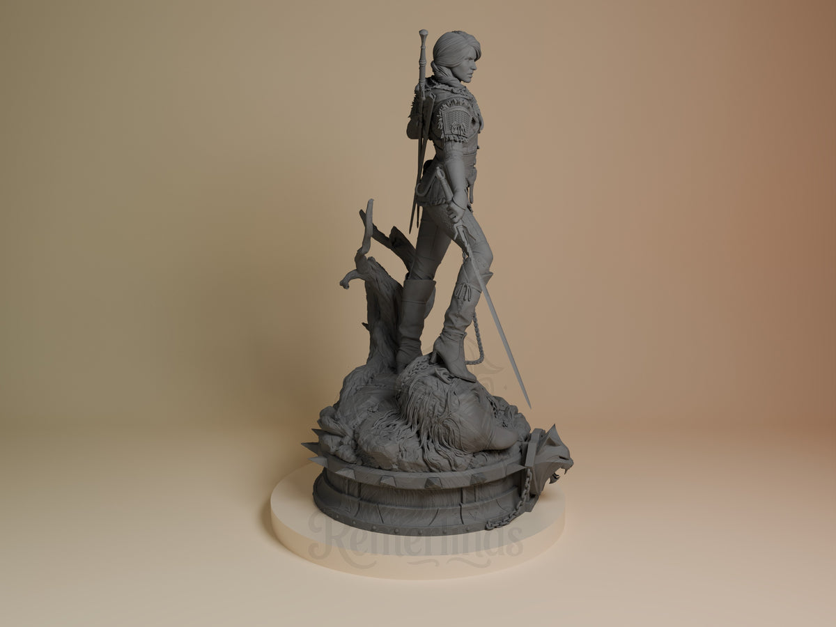 Ciri resin figure from The Witcher shown from the right side, standing on a rocky base with sword, unpainted gray detail.