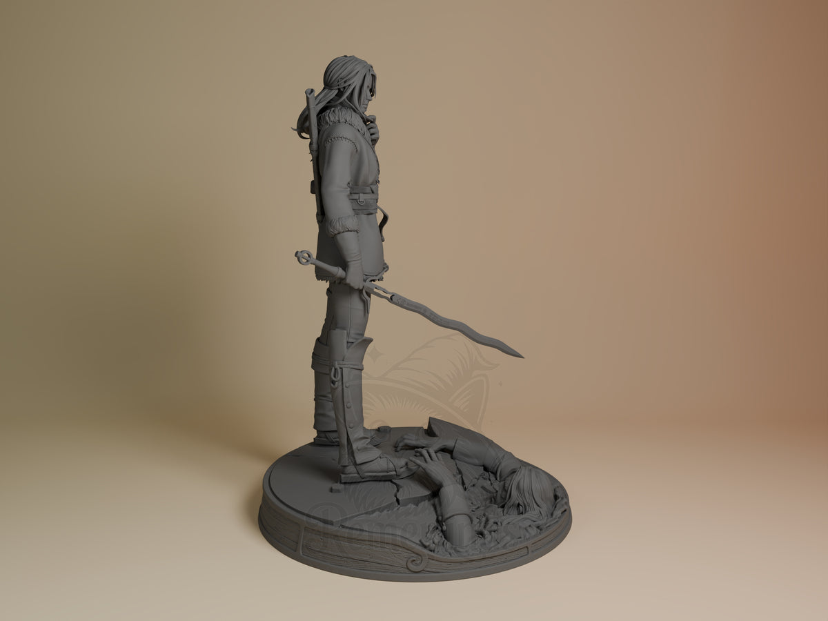 Ciri from The Witcher is a right-profile, unpainted resin figure with sword on a sculpted base.
