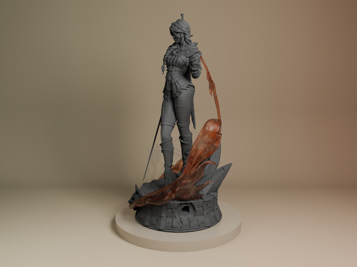 Ciri resin figure in side profile stance on circular base with dragon wing detail, gray primer with red accents, Witcher collectible.