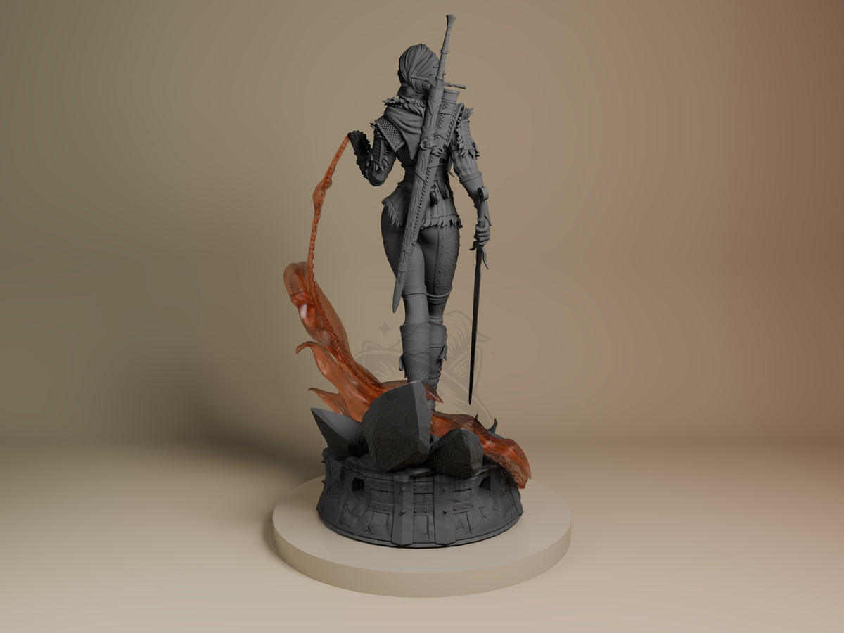 Ciri resin figure from The Witcher shown from back, holding rifle and sword, gray unpainted with orange painted base details.