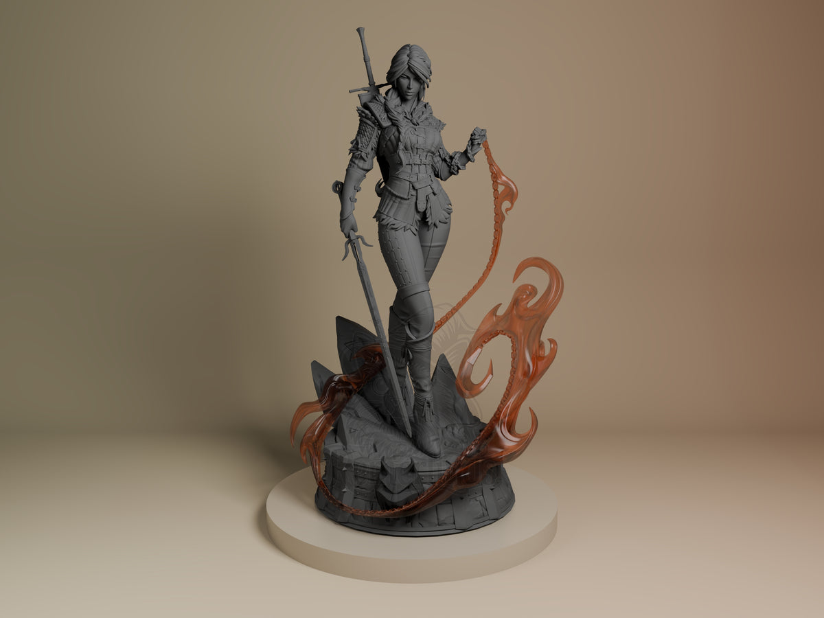 Ciri resin figure from The Witcher stands on ornate red base, holding sword and staff, unpainted gray with detailed armor, front view.