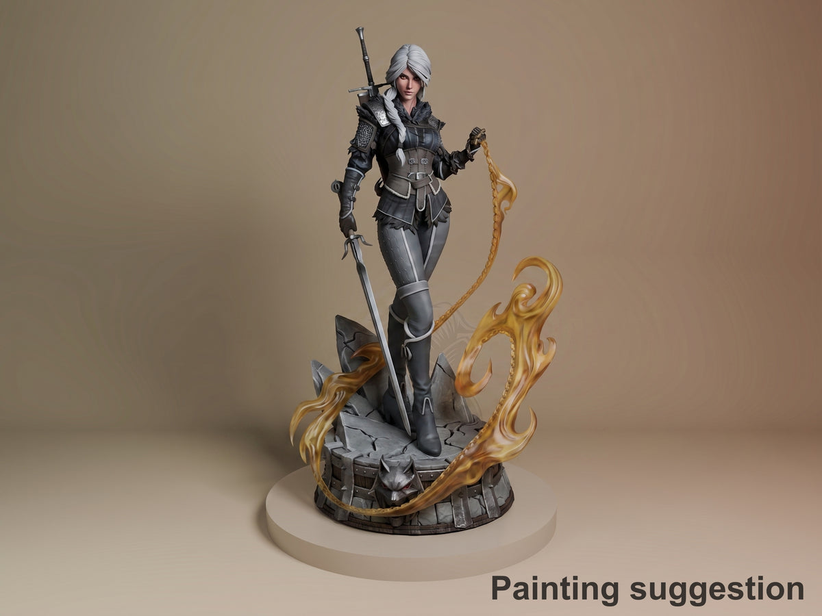 Ciri resin figure in dynamic pose on ornate base, holding dual swords, white hair, black armor, golden flame accents, fully painted.
