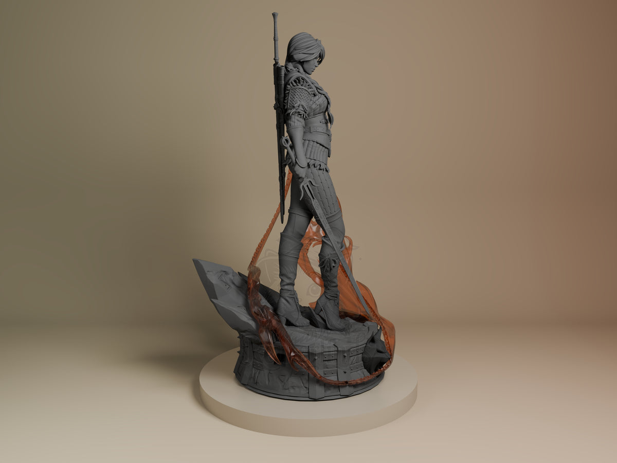 Ciri resin figure from The Witcher, side view, standing on rocky base with orange accents, holding rifle, unpainted gray finish.