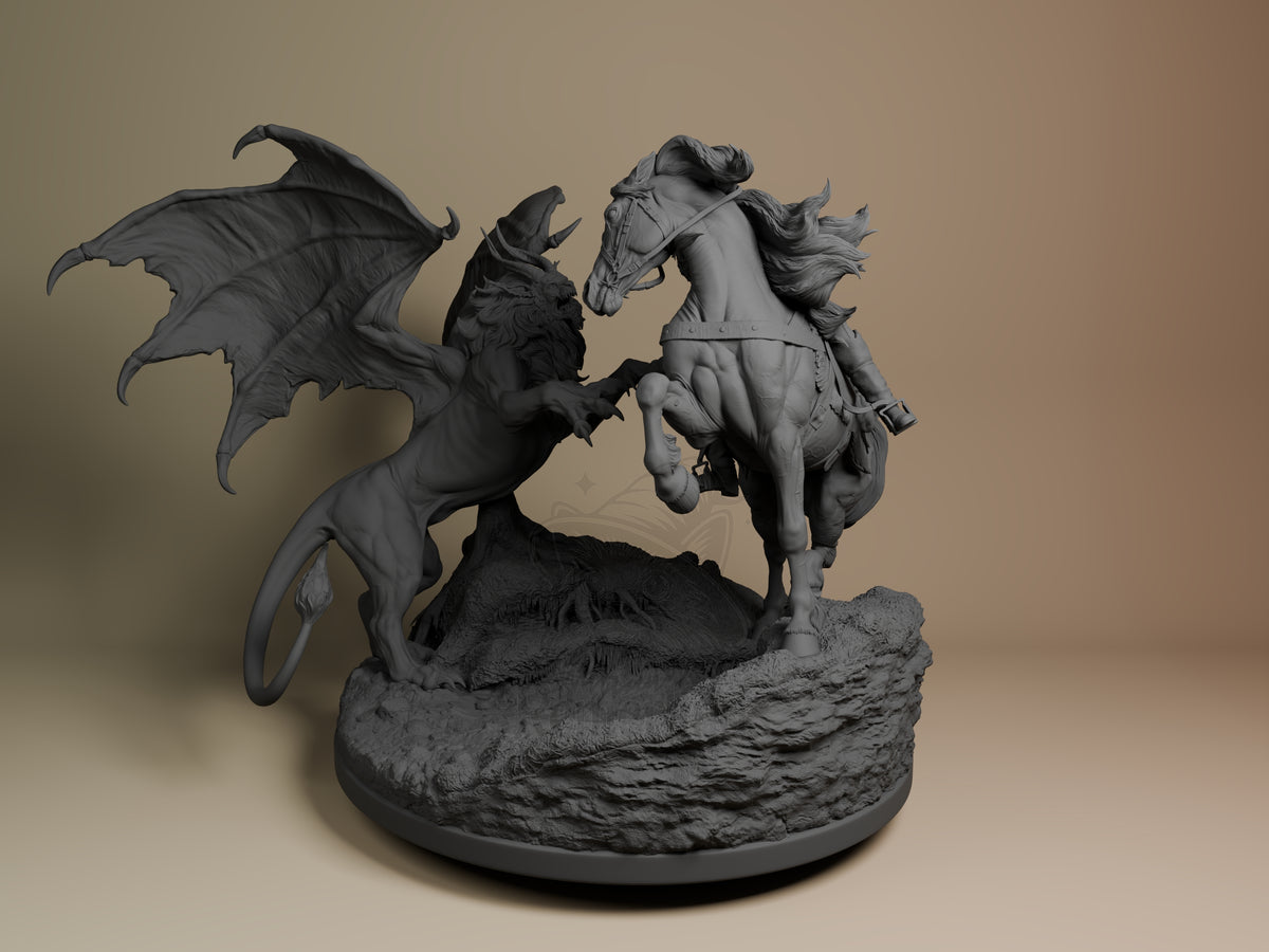 Angled unpainted Ciri vs Manticore resin diorama from The Witcher shows a rearing horse and winged beast on a sculpted base.