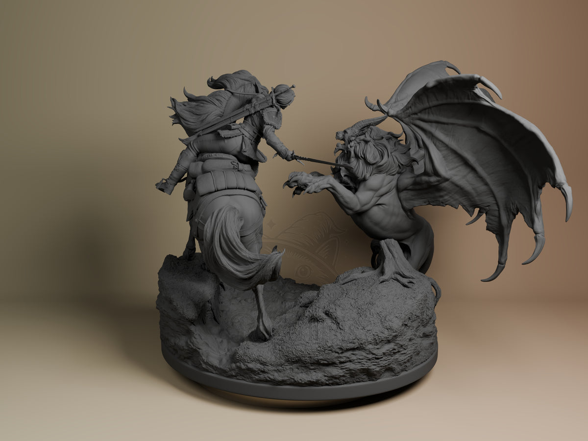 Back view shows the unpainted Ciri vs Manticore from The Witcher resin diorama on a rocky base.
